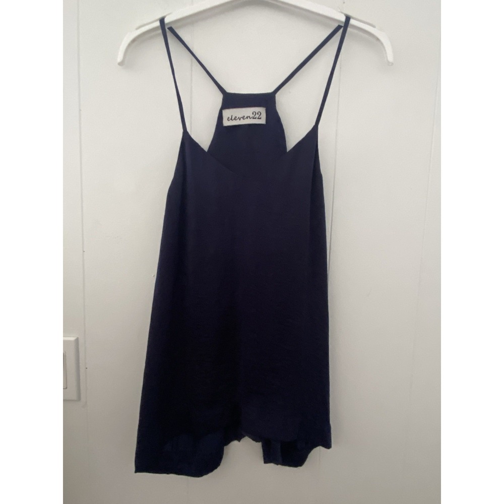 eleven22 Silky High Neck Strappy Cami Tank Top Navy Blue Medium Racerback